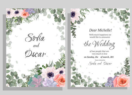 Floral vector template for invitation. White anemones, pink roses, succulents, eucalyptus, berries, plants and flowers. All elements are isolated.のイラスト素材