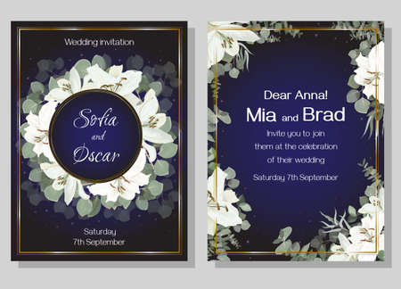 Vector floral template for wedding invitation. Eucalyptus, green plants and leaves, lily flowers, stars on a dark background. のイラスト素材