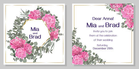 Invitation card template for your wedding. Pink peonies, eucalyptus, green plants. All elements are isolated.のイラスト素材