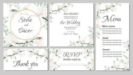 Vector floral template for wedding invitations. Orchid flowers, round gold frame, green plants, leaves. All elements are isolated.  Invitation card, thanks, rsvp, menu. のイラスト素材