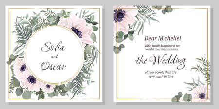 Vector template for wedding invitation. Greeting card template. Anemone flowers, green leaves, round frame, eucalyptus. All elements are isolated.のイラスト素材