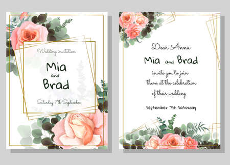 Vector template for wedding invitation. Pink rose flowers, green branches, eucalyptus, plants, leaves. All elements are isolated.のイラスト素材