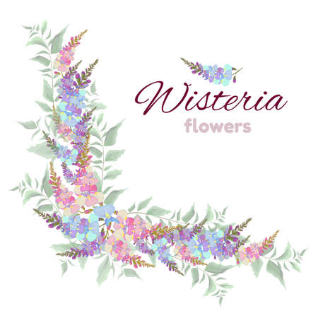Vector wreath of Wisteria flowers and green leaves. All elements are isolated.のイラスト素材