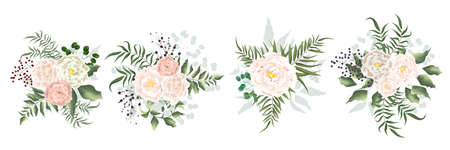 Set of vector flowers. Beige roses, berries, green leaves. All elements are isolated. Flowers on white background.のイラスト素材