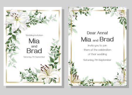 Vector template for a wedding invitation. Beautiful white lilies, green plants. Elegant wedding design.のイラスト素材