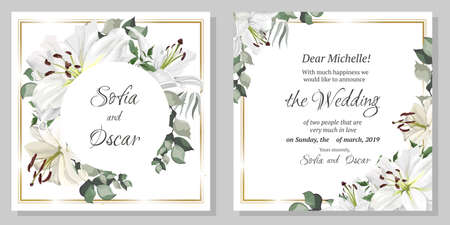 Elegant template for invitation. Floral design, white lilies, green leaves. Postcard for your text.のイラスト素材