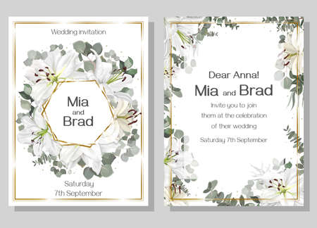 Delicate floral design for your wedding. Gold, polygonal frame, white lilies, eucalyptus leaves. Greeting card template.のイラスト素材