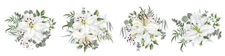 Set of vector bouquets on a white background. Lily flowers, green plants, eucalyptus, berries.のイラスト素材