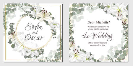 Elegant template for invitation in floral design. Gold round frame, white lilies, eucalyptus, green leaves.のイラスト素材