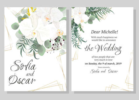 Vector floral pattern for wedding invitations. Orchid flowers, polygonal gold figures, green plants, leaves. All elements are isolated.のイラスト素材