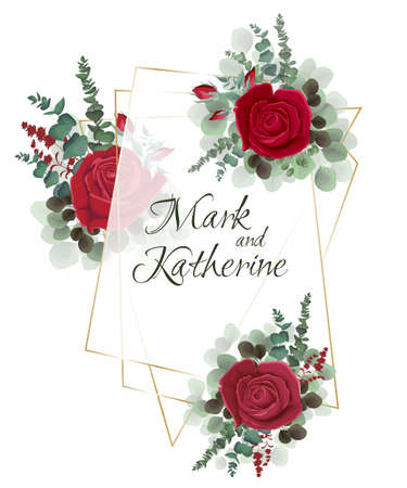 Vector polygonal frame. Red roses, lavender silhouette, dark and light leaves. Wedding invitation template. All elements are isolated.のイラスト素材