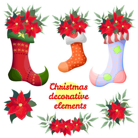 Vector Christmas decorative elements. Christmas socks with poinsettia. Borders and flowers of poinsettia. All elements are isolated.のイラスト素材