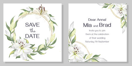 Elegant template for invitation in floral design. Gold round frame, white lilies, buds, green leaves.のイラスト素材