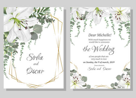 Floral card for wedding invitations. White lilies, eucalyptus, polygonal golden frame.のイラスト素材