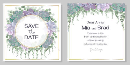 Floral invitation card. Succulents, eucalyptus, round golden frame, ivy, plants and leaves.のイラスト素材