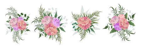 Set of vector bouquets of peonies. Flowers on white background. All elements are isolated. Elements for wedding design.のイラスト素材