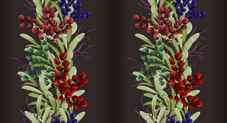 Seamless vector border. Border with berries. Elements for design. All elements are isolated. Seamless pattern on dark background.のイラスト素材