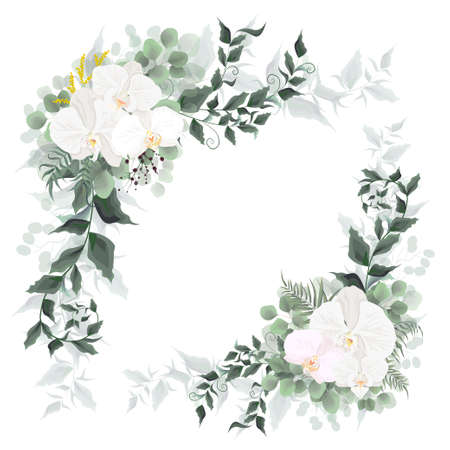 Vector corners for floral design. White Orchid flowers, green leaves, plants. All elements are isolated.のイラスト素材