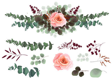 Vector border of pink roses, berries and leaves. All elements are isolated on a white background.のイラスト素材