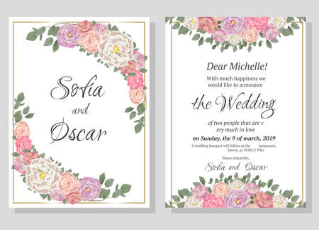 Vector template for wedding invitation. Different types of roses, green plants. All elements are isolated. Template for postcards.のイラスト素材