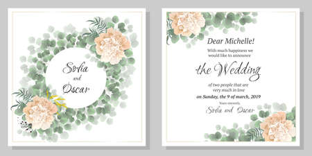 Round vector frame of green leaves, peony flowers, Mimosa, berries. Wedding invitation template.のイラスト素材