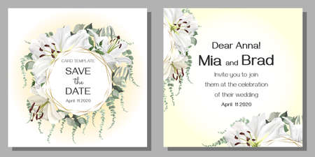 Elegant template for invitation. Floral design, white lilies, green leaves gold polygonal frame, ivy. Postcard for your text.のイラスト素材