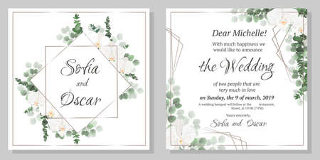 Vector floral pattern for wedding invitations. Orchid flowers, polygonal gold frame, green plants, leaves. All elements are isolated.のイラスト素材