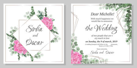 Vector template for wedding invitation. Polygonal gold frame, peony flowers, berries, green leaves and plants.のイラスト素材