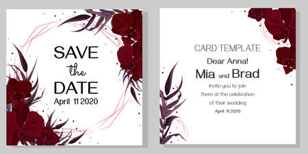 Vector floral pattern for wedding invitations. Burgundy orchid flowers, round  frame, green plants, leaves. All elements are isolated. のイラスト素材