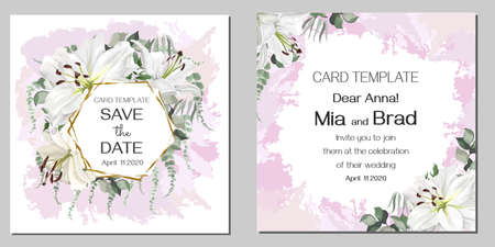 Floral design for a wedding invitation. Watercolor strokes, white lilies, eucalyptus, green plants and flowers. Template for your text.のイラスト素材