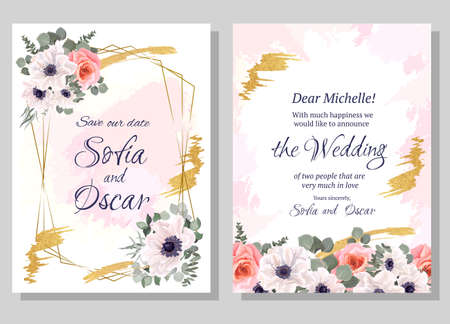Floral vector template for invitation. Polygonal golden frame, white anemones, pink roses, eucalyptus, watercolor and gold strokes, plants and flowers. All elements are isolated.のイラスト素材