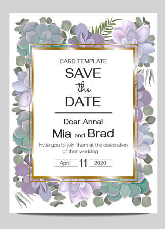 Elegant floral design for your wedding. Succulents, eucalyptus, green plants and leaves, golden square frame. Postcard template for your text.のイラスト素材