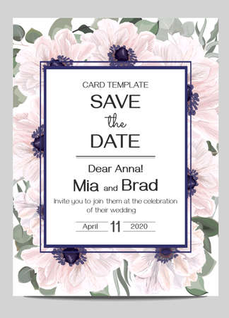 Vector and floral design for your wedding. Anemones, eucalyptus, green plants and leaves, square golden frame. Template for your text.のイラスト素材