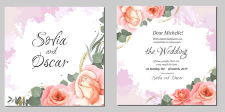 Vector floral wedding invitation. Pink roses, eucalyptus, strokes of pink watercolor, golden round shapes. Templates for your text.のイラスト素材