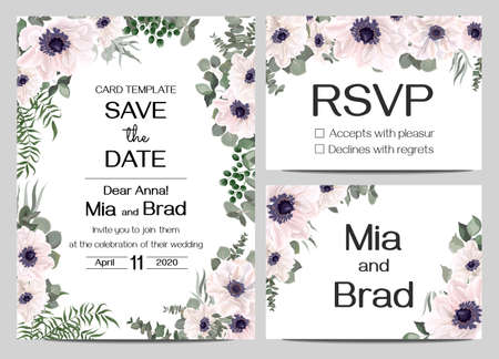 Vector and floral design for your wedding. Anemones, eucalyptus, green plants and leaves. Template for your text. Card with name, rsvp.のイラスト素材