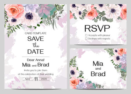 Elegant watercolor design for wedding invitations. Succulents, white anemones, roses, eucalyptus, green plants and flowers. Postcard template, rsvp for your text.のイラスト素材