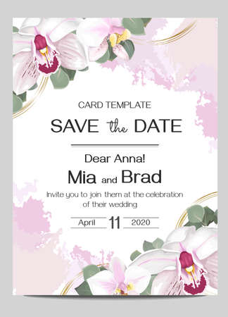 Vector floral pattern for wedding invitations. Royal orchid flowers, gold frame, green plants, leaves. All elements are isolated. のイラスト素材