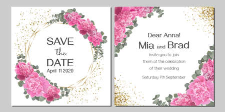 Vector template for wedding invitation. Peony flowers, gold polygonal frame, eucalyptus, sparkles, green leaves and plants.のイラスト素材