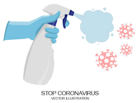 Flat vector illustration. Spray bottle with an antiseptic, a man in gloves disinfects the surface, stop the coronavirus, pandemic, virus molecules.のイラスト素材
