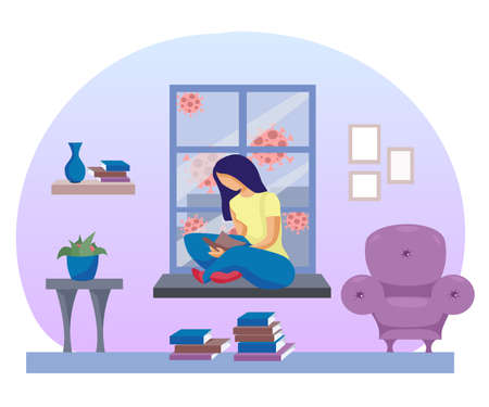 Flat vector illustration. A girl is reading a book, sitting on a window, an epidemic on the street. Quarantine, isolation, stay home.のイラスト素材
