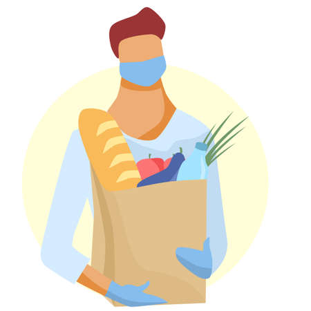 Flat vector illustration. Safe food delivery. Masked courier and gloves with a package of products. Buying food during quarantine.のイラスト素材