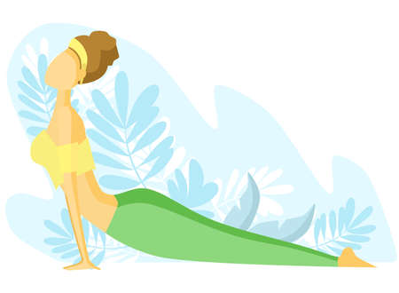 Flat vector illustration. The girl practices yoga. Natarajasan's pose, Cobra pose.のイラスト素材