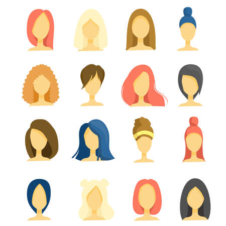 Beautiful faces of young girls, different hairstyles, haircuts, long, short hair, brunettes, brown-haired women, blondes and redheads. Avatars, icons isolated on a white background. Vector flat illustration.のイラスト素材