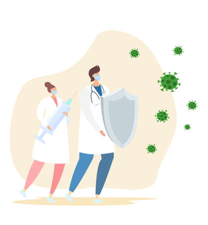 Masked doctors are fighting coronavirus infection. A nurse holds a syringe, a doctor holds a shield. Doctors are heroes. Flat vector illustration.のイラスト素材