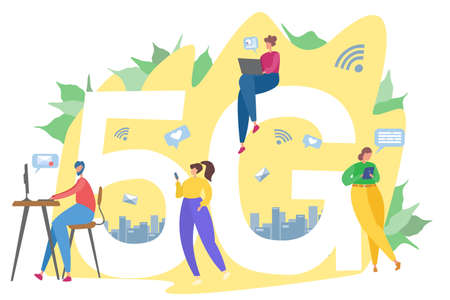 Flat vector illustration. Internet services of telecommunication systems. People work on the...