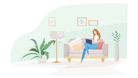 Girl works sitting at home. Remote work, freelance. Self-isolation during the coronavirus epidemic. The interior of the room. Flat vector illustration.のイラスト素材