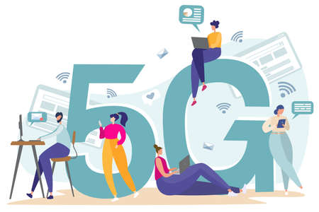 Flat vector illustration. Internet services of telecommunication systems. People work on the Internet, check mail, correspond. Wifi broadcast, mobile 5G signal.のイラスト素材