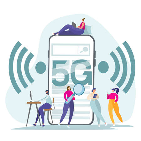 Flat vector illustration. Internet services of telecommunication systems. People work on the Internet, check mail, correspond. Wifi broadcast, mobile 5G signal.のイラスト素材