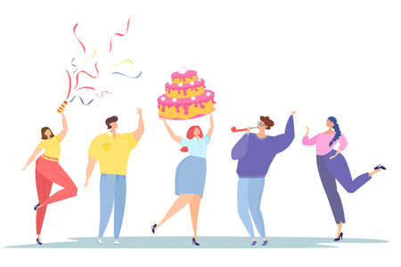 Corporate party. Employee’s birthday. People wish happy birthday. Flat vector illustration. Cake,...