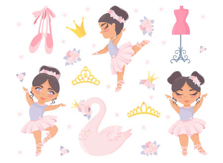 Seth ballet. Beautiful little ballerinas, princess swan, crown, diadem, pointe shoes, flowers, mannequin. Vector children's illustration.のイラスト素材